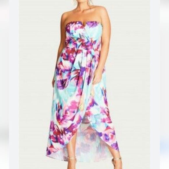 NWT City Chic 14 Bright Bouquet‎ Maxi  Strapless Floral Dress Purple and Blue - Picture 1 of 9